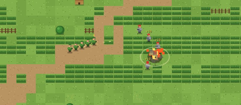 Pixel-Trupp in Grün schießt in der Teeplantage auf Gegner mit roten Mützen, daneben eine Explosion